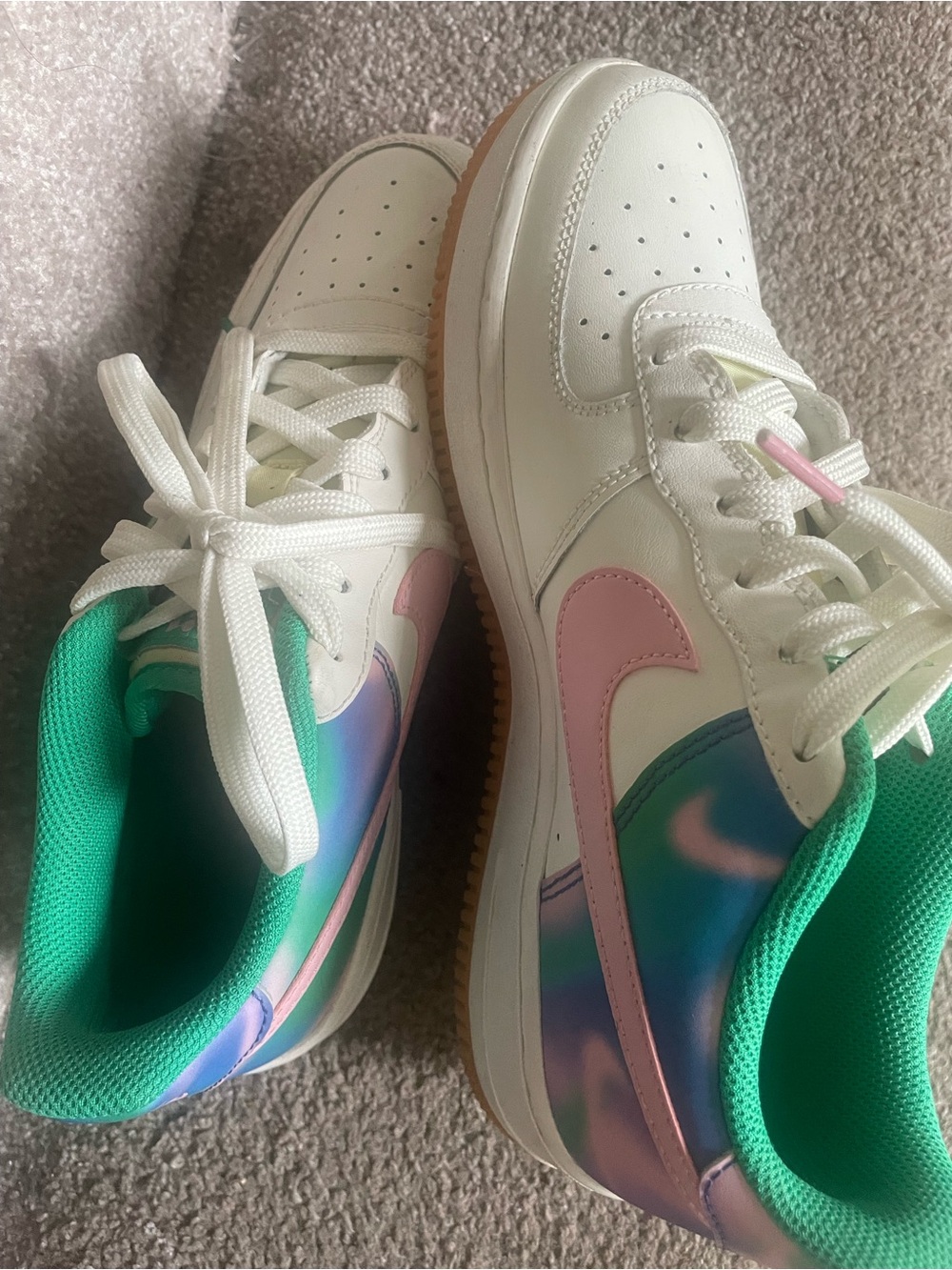 Kids White Sneakers with Pink Swoosh and Green Lining